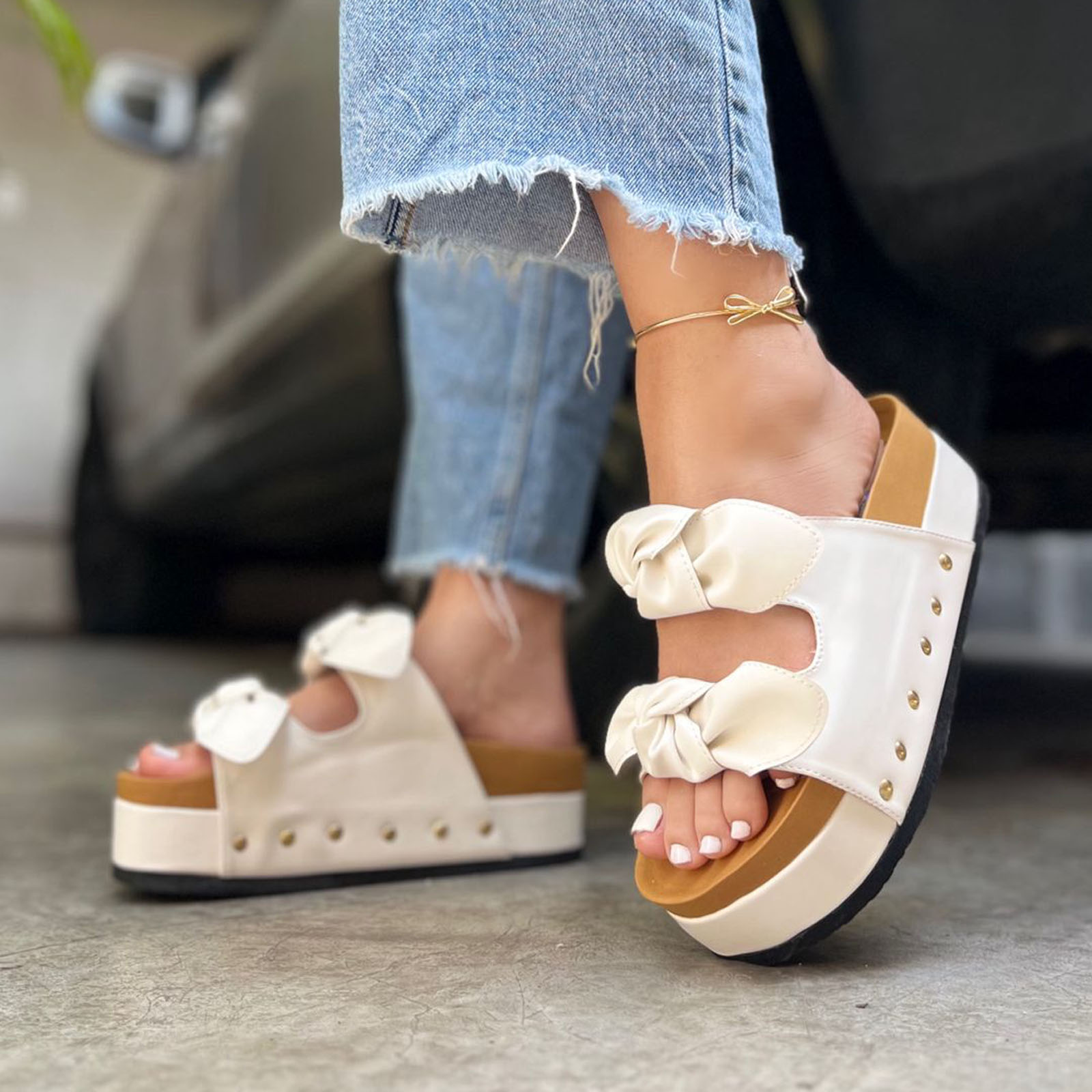 SANDALIA DOBLE MOÑO PLATAFORMA 5 1062L-55 COLOR PERLA - 3