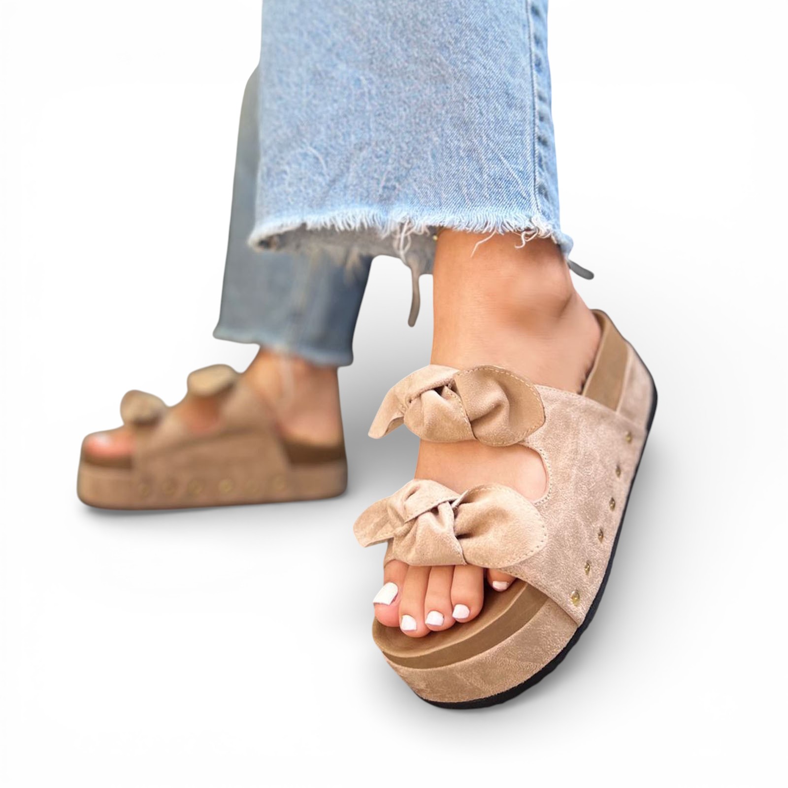 SANDALIA DOBLE MOÑO PLATAFORMA 5 1062L-55 COLOR BEIGE - 2