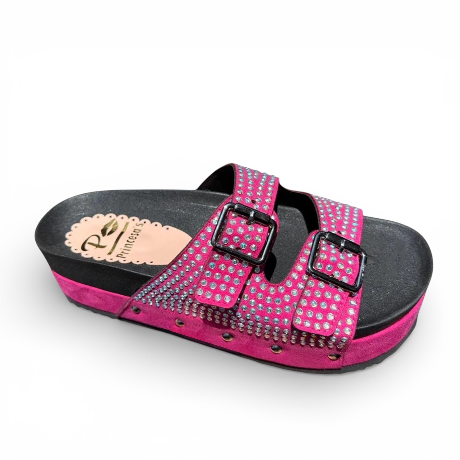 SANDALIA MUJER DOBLE HEBILLA 1299-55 PIEDRAS IMPRECNADAS COLOR FUCSIA - 1
