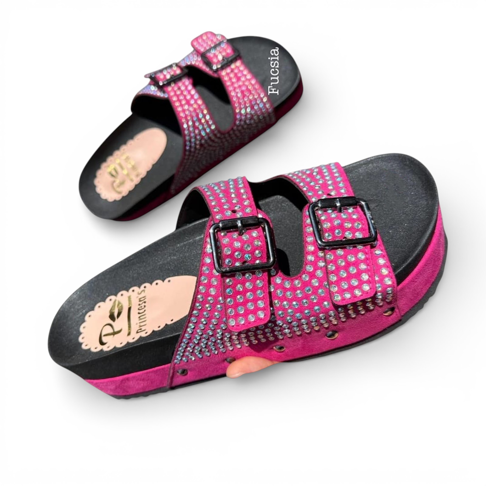 SANDALIA MUJER DOBLE HEBILLA 1299-55 PIEDRAS IMPRECNADAS COLOR FUCSIA - 2