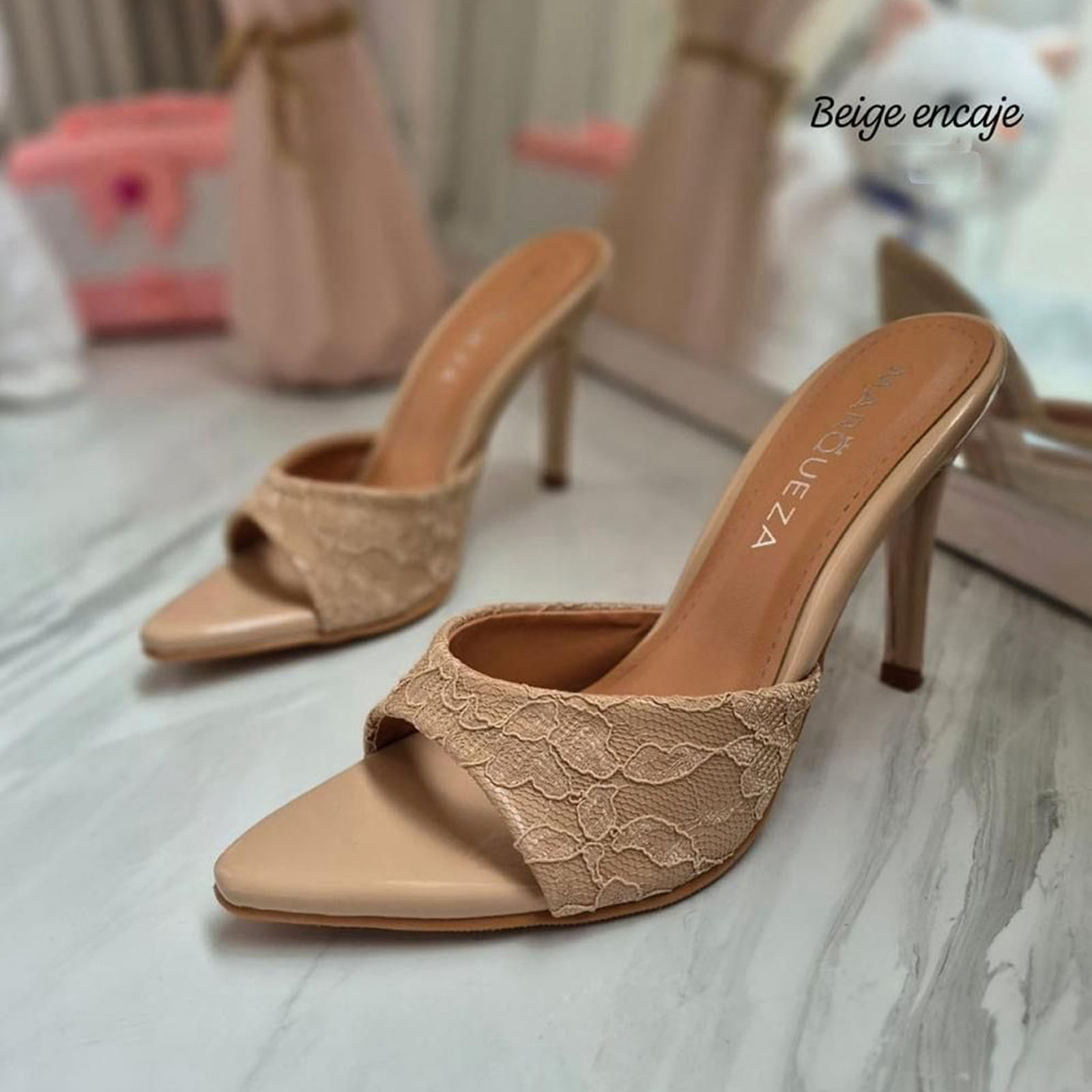 STILETTOS MUJER TACO 9 ENCAJE 1062L-69 COLOR BEIGE - 3