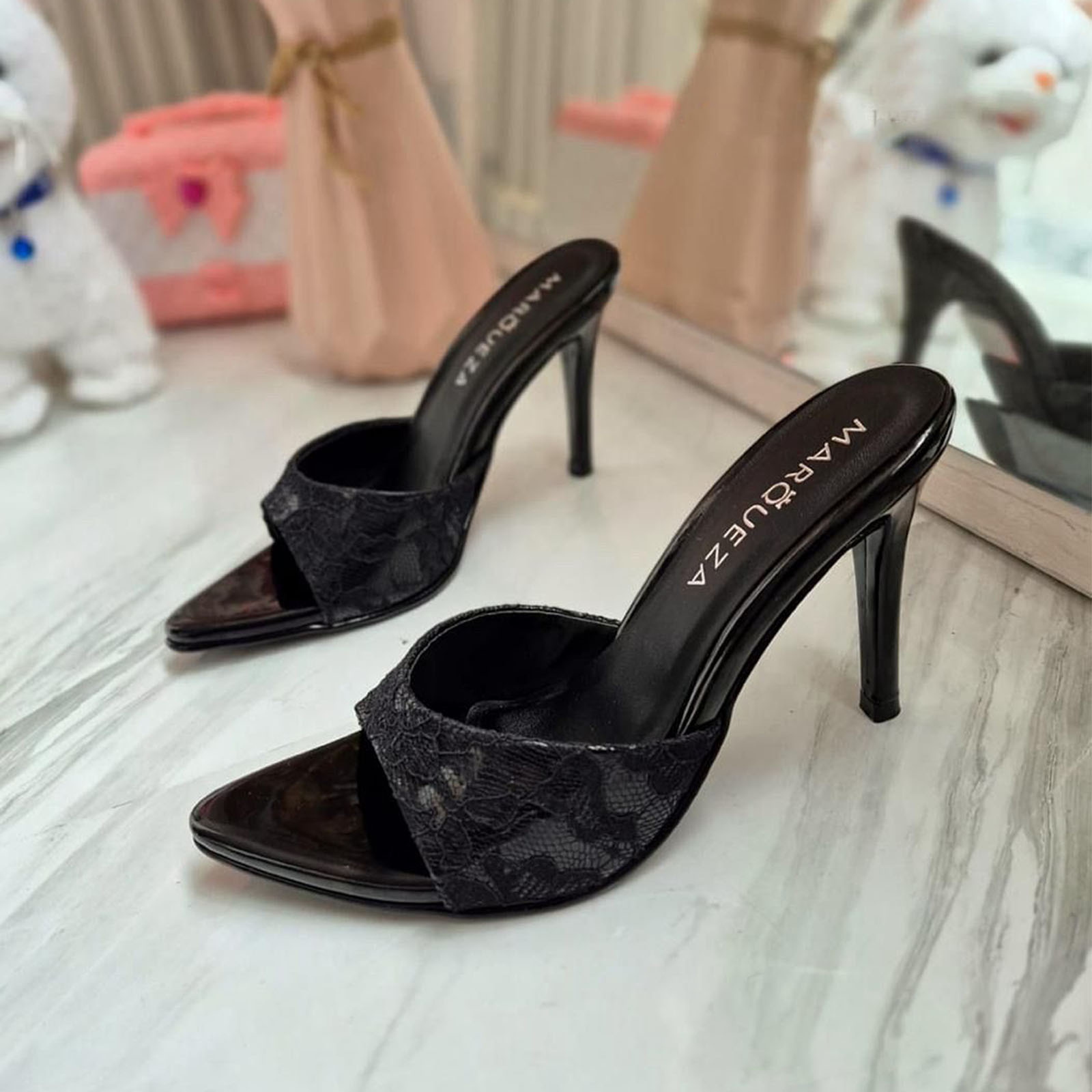 STILETTOS MUJER TACO 9 ENCAJE 1062L-69 COLOR NEGRO - 3