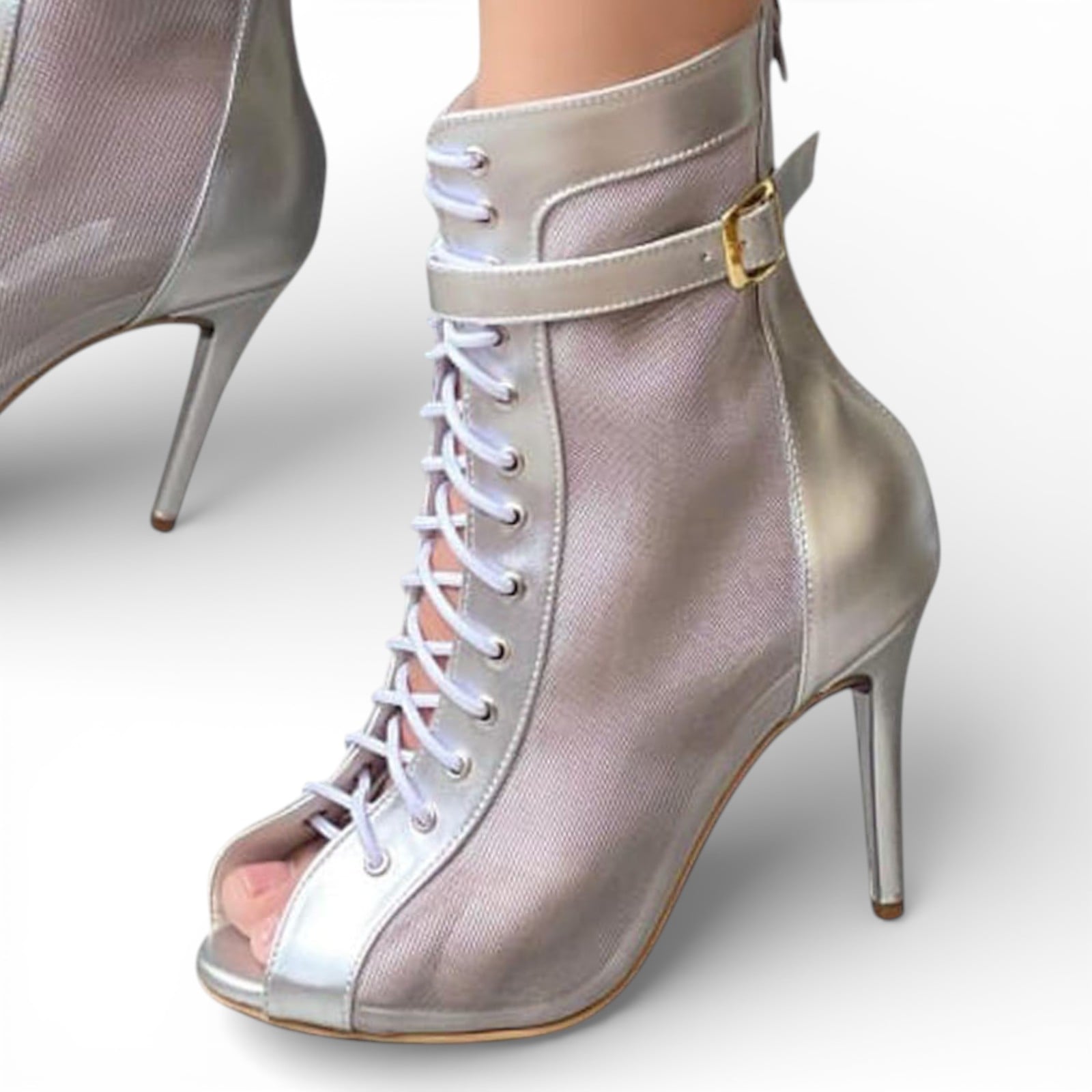 BOTIN MUJER HELLS PARA BAILE 1299-85 MALLA TACO 9 COLOR PLATA - 1