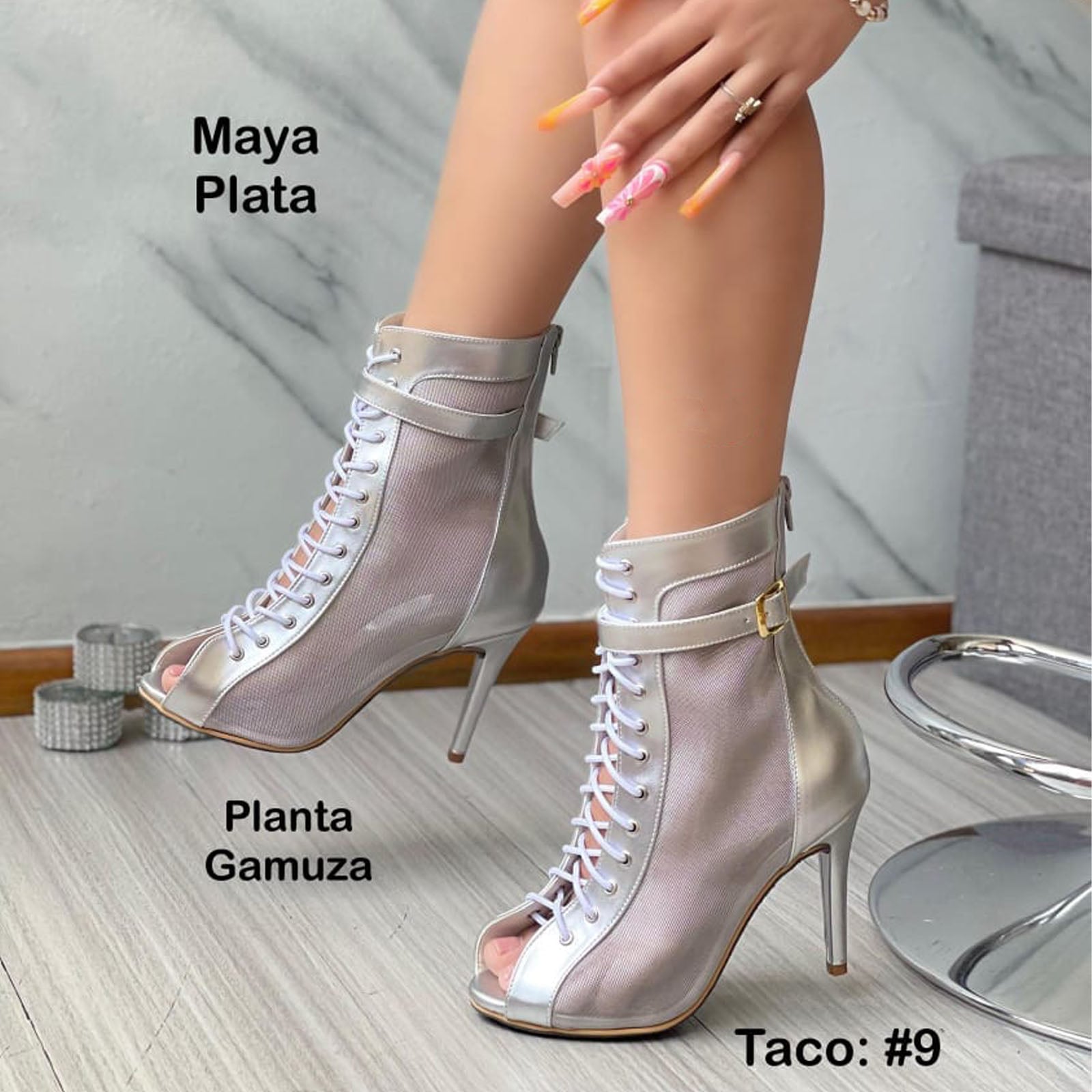 BOTIN MUJER HELLS PARA BAILE 1299-85 MALLA TACO 9 COLOR PLATA - 3