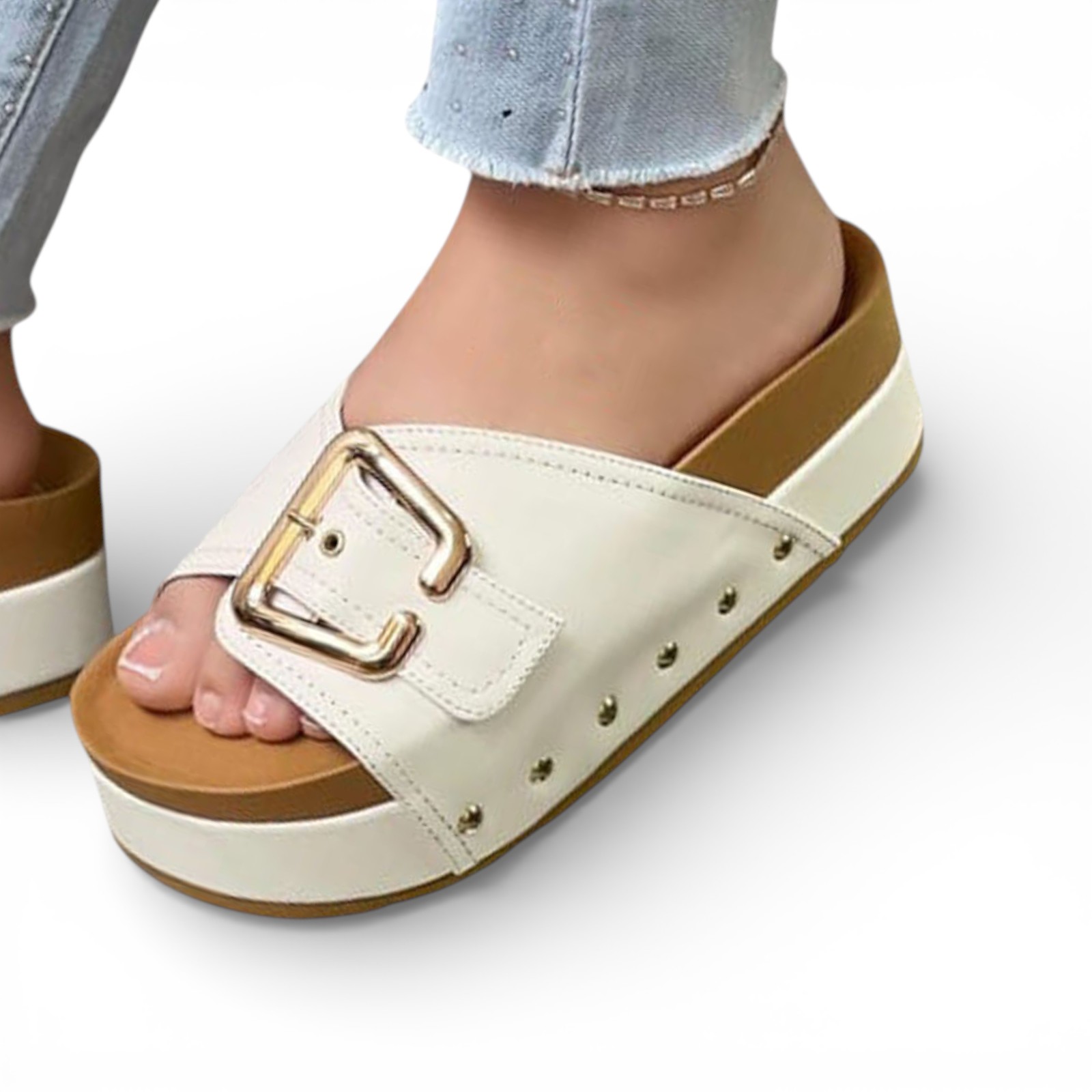 SANDALIA SUECO MUJER PLATAFORMA #5 HEBILLON 1299-55 COLOR BLANCO - 1