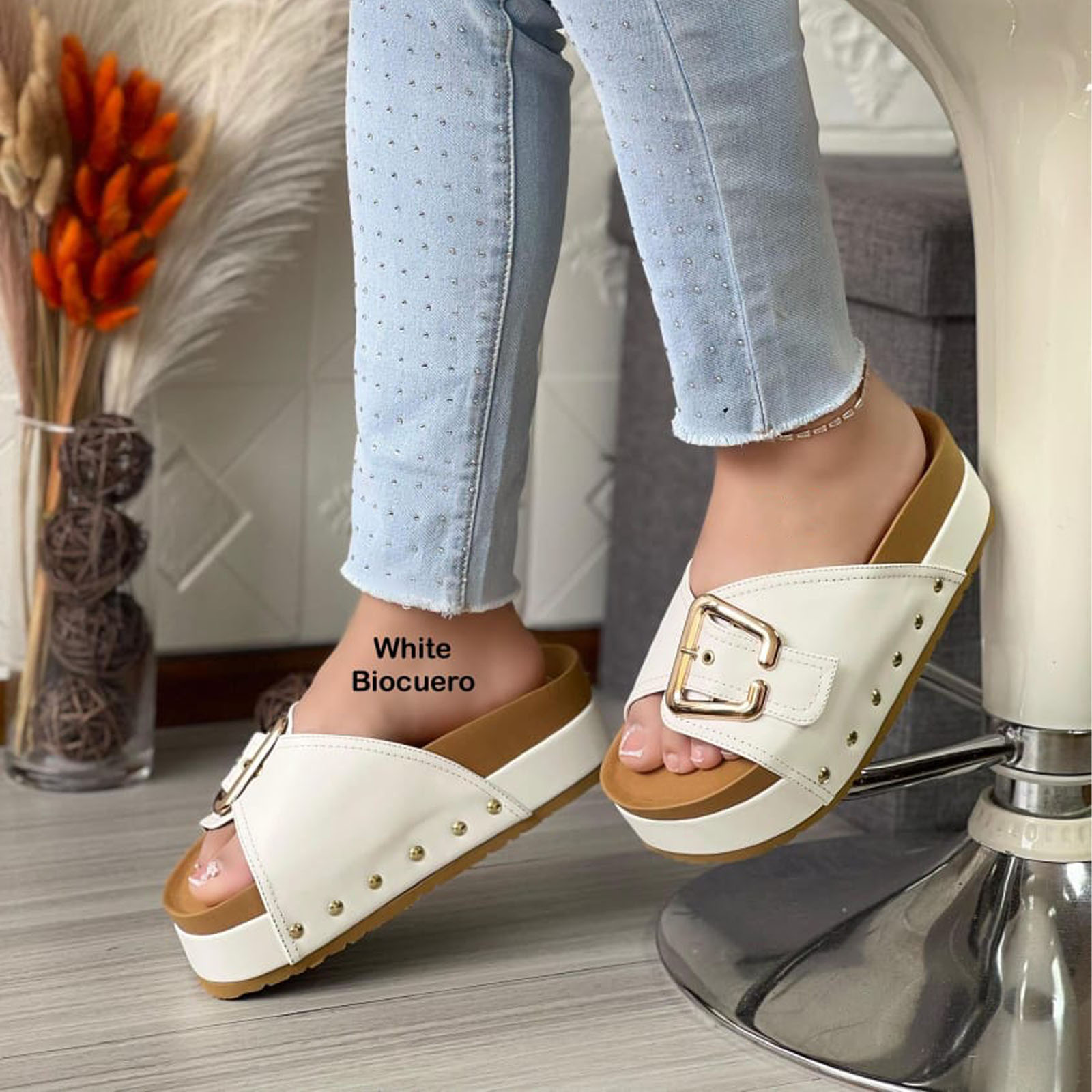 SANDALIA SUECO MUJER PLATAFORMA #5 HEBILLON 1299-55 COLOR BLANCO - 3