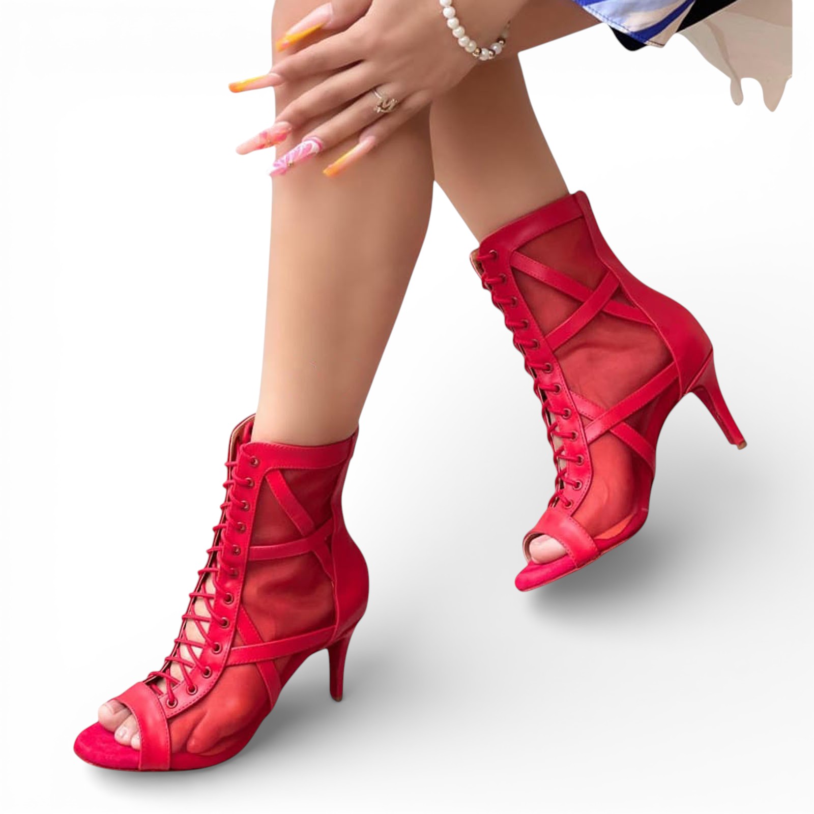 BOTIN MUJER HELLS PARA BAILE 1299-85 MALLA TACO 7 COLOR ROJO - 2