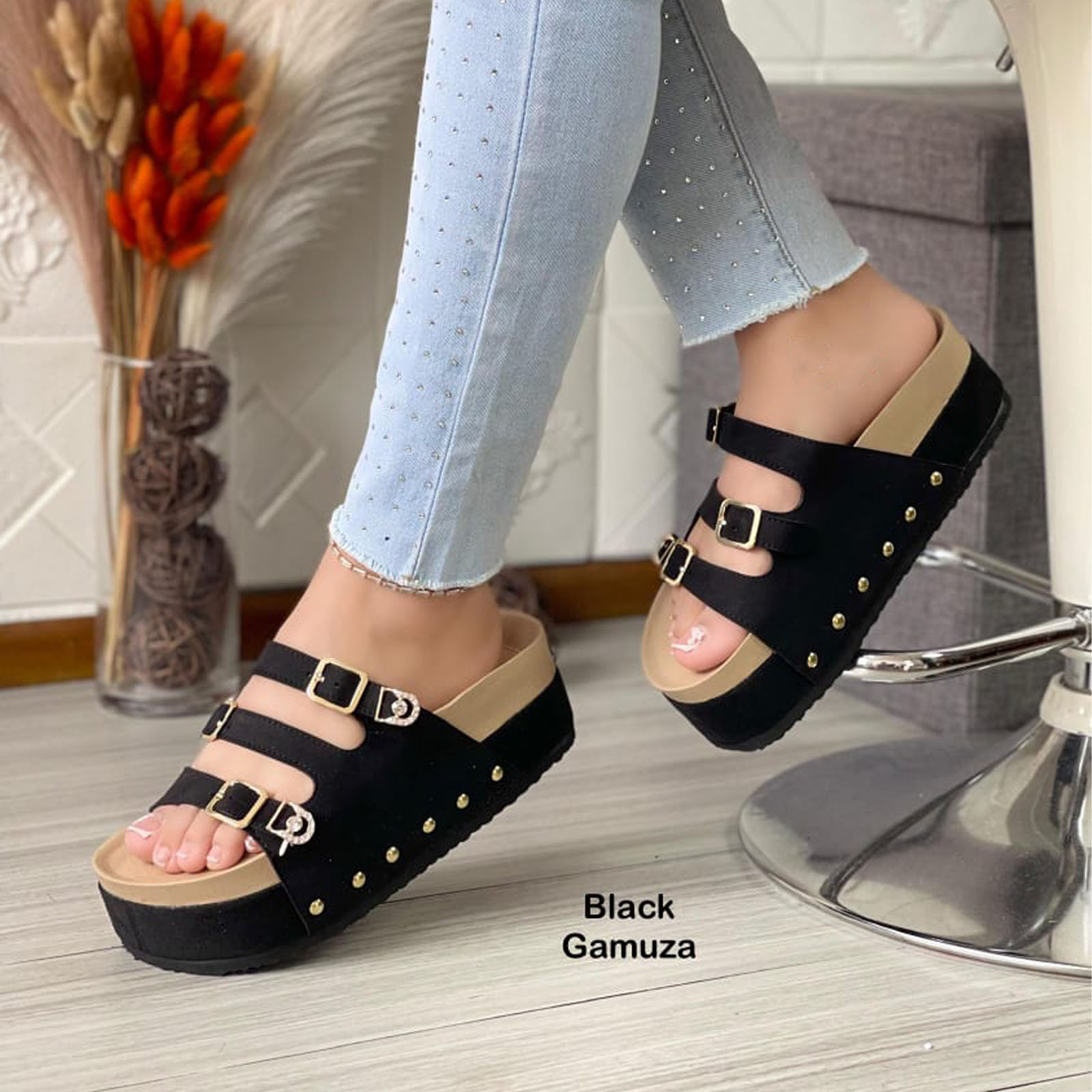 SANDALIA SUECO MUJER PLATAFORMA #5 GAMUZA 1299-55 COLOR NEGRO - 3