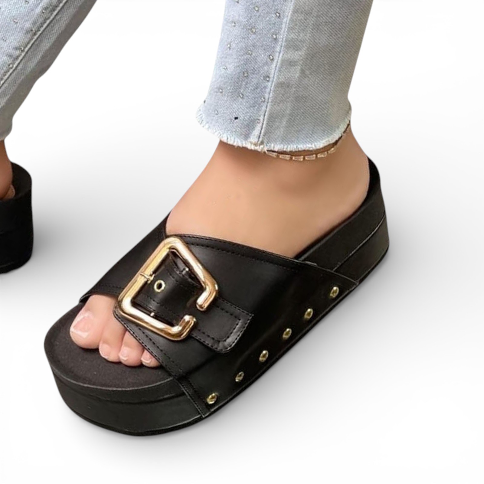 SANDALIA SUECO MUJER PLATAFORMA #5 HEBILLON 1299-55 COLOR NEGRO - 1