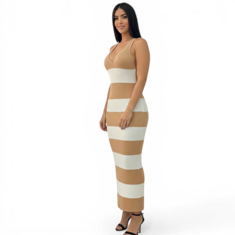 VESTIDO RAYADO ESPALDA DESCUVIERTA 463A-23 COLOR BEIGE - 1