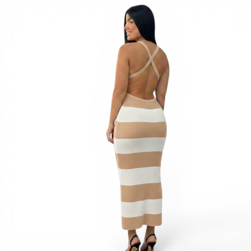 VESTIDO RAYADO ESPALDA DESCUVIERTA 463A-23 COLOR BEIGE - 2