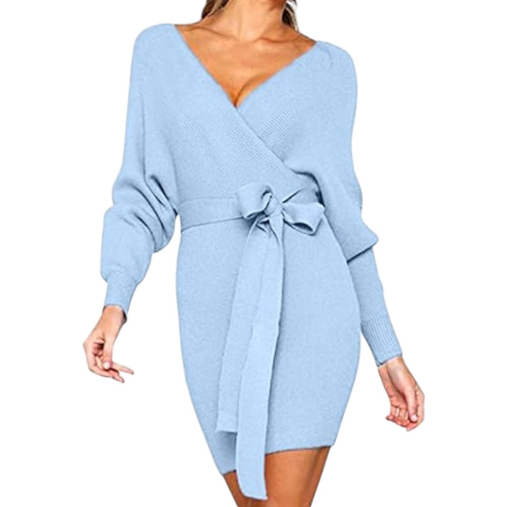 VESTIDO MURCIELAGO FALDA CORTA INCLUYE LAZO TIC-22 COLOR CELESTE - 1
