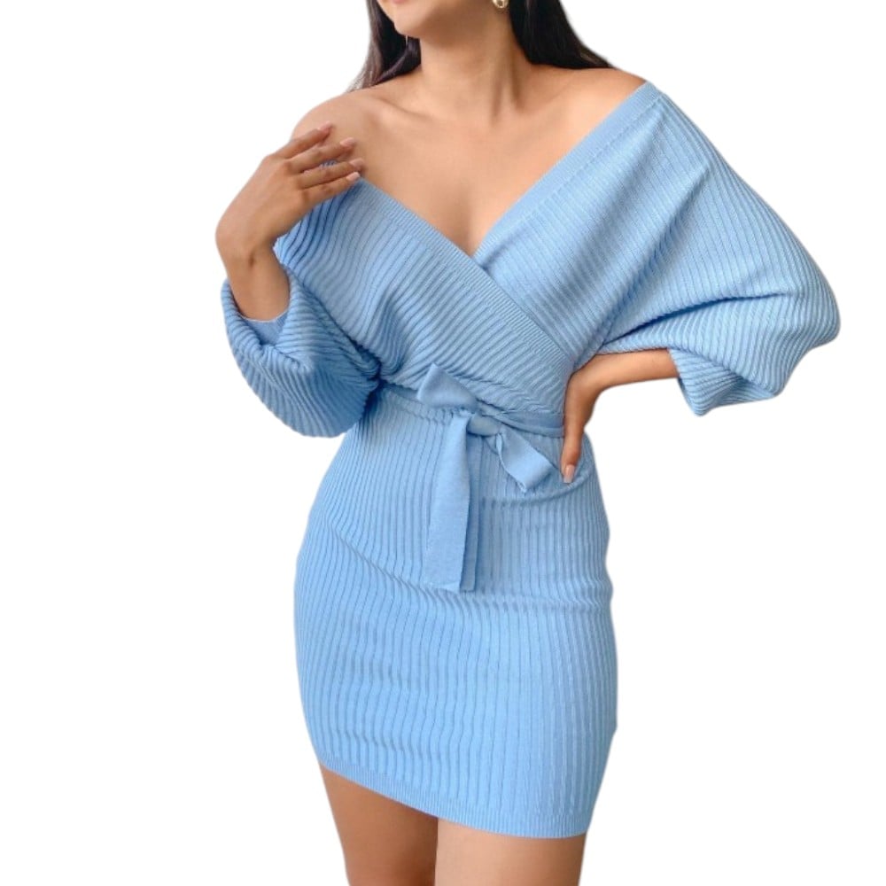 VESTIDO MURCIELAGO FALDA CORTA INCLUYE LAZO TIC-22 COLOR CELESTE - 2