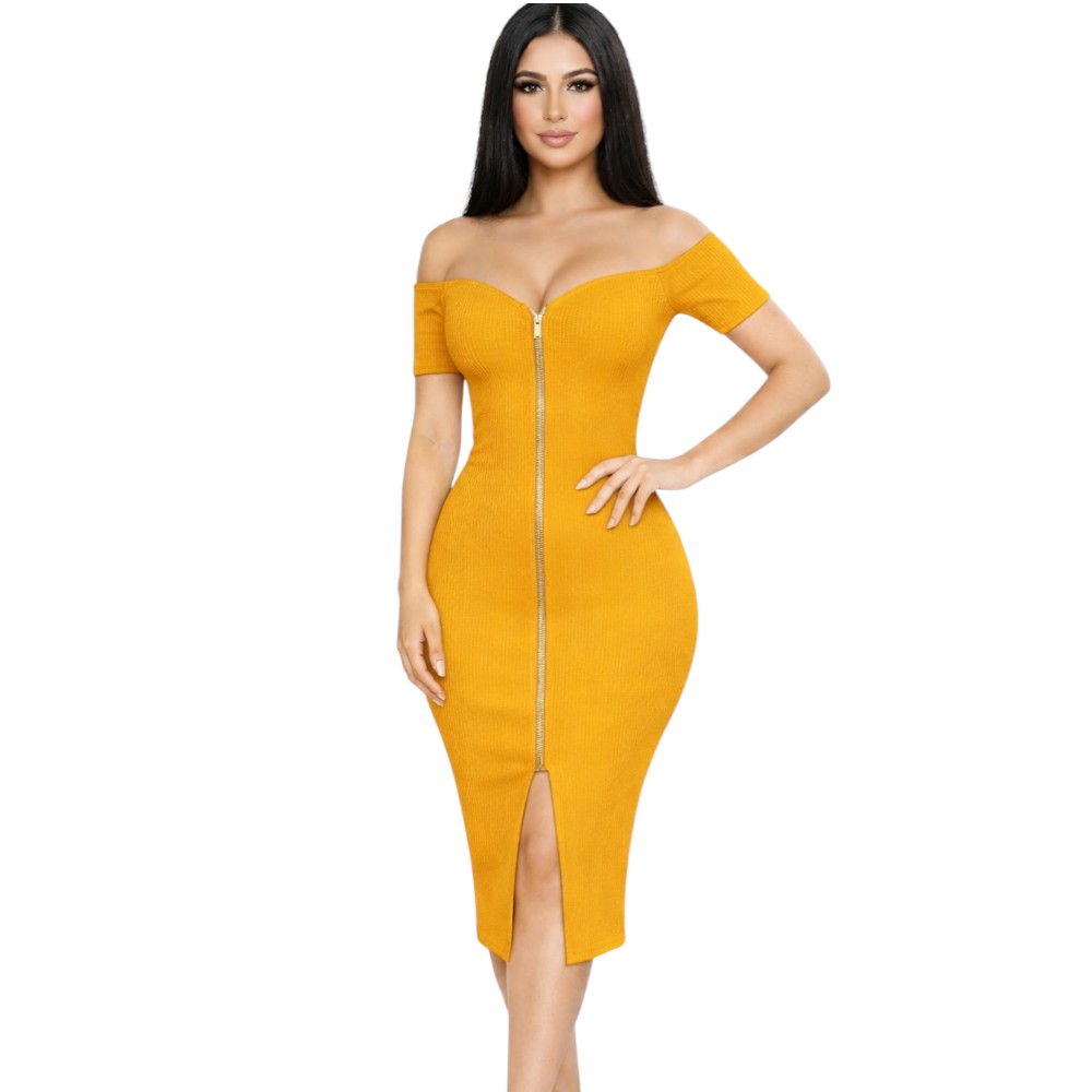 VESTIDO CIERRE MANGA CORTA RIB GRUESO TIC201-20 COLOR MOSTAZA - 3