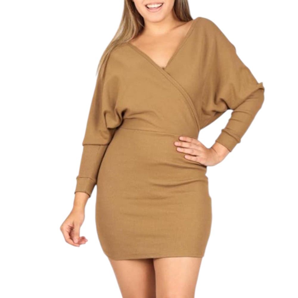 VESTIDO MURCIELAGO FALDA CORTA INCLUYE LAZO TIC-22 COLOR CAMELLO - 1