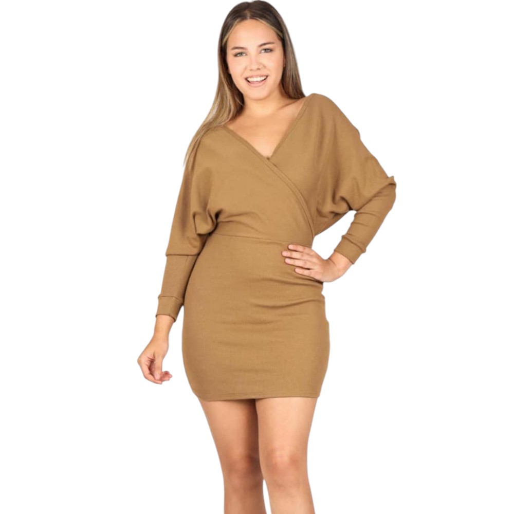 VESTIDO MURCIELAGO FALDA CORTA INCLUYE LAZO TIC-22 COLOR CAMELLO - 2