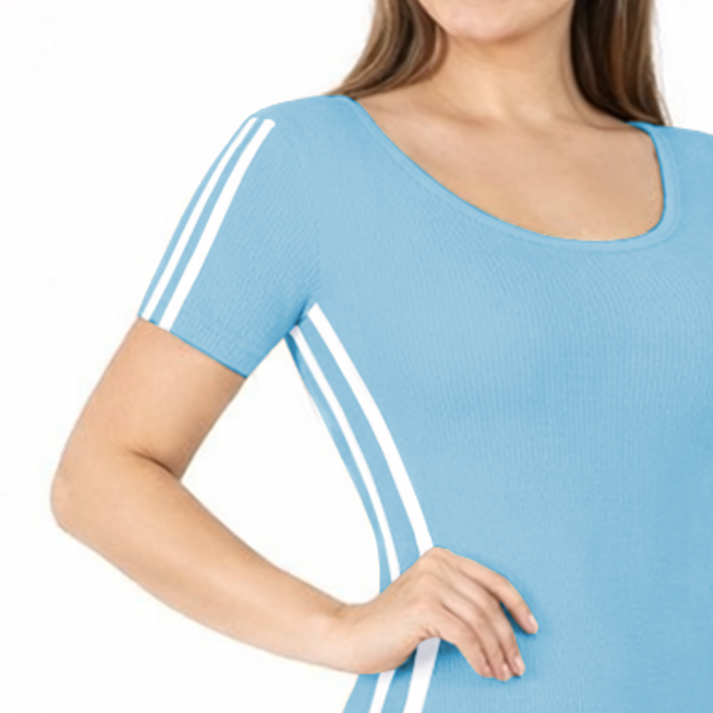 VESTIDO RAYADO MANGA CORTA AMARRE ATRAS RIB GRUESO TIC-16 COLOR CELESTE - 2