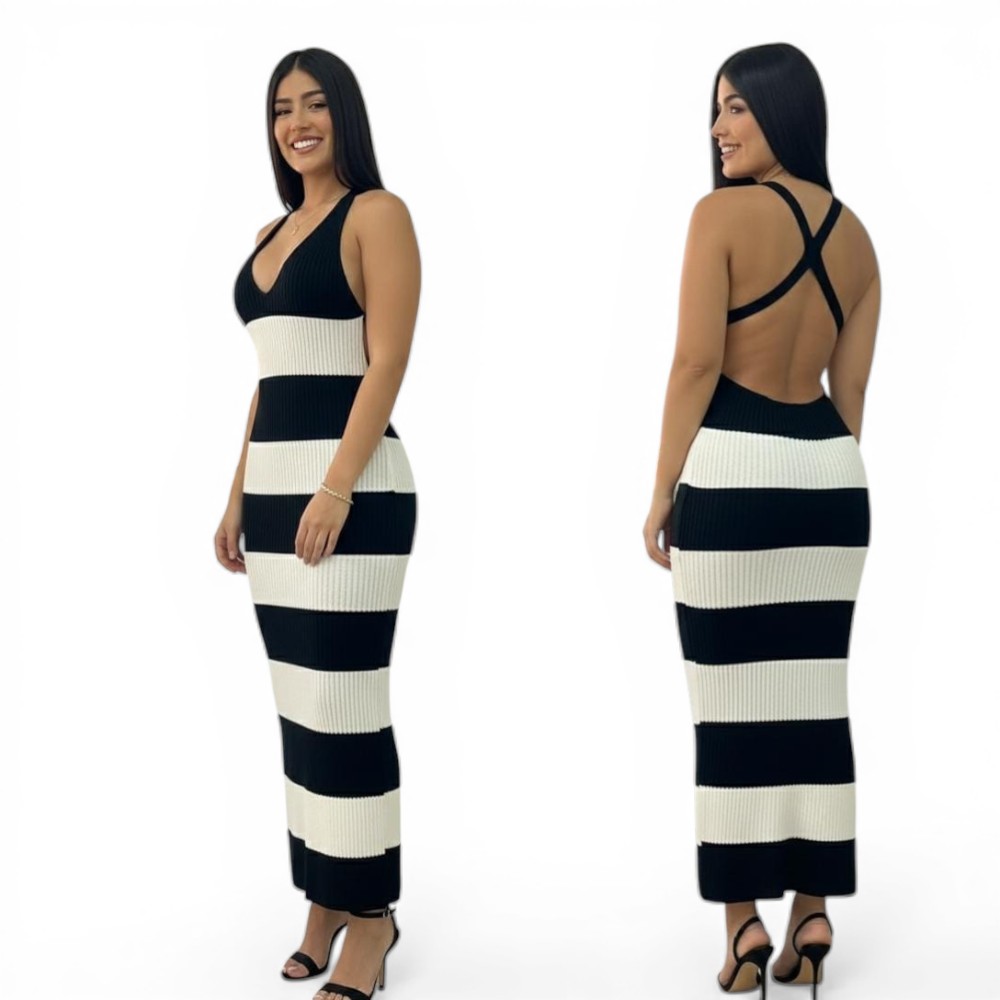 VESTIDO RAYADO ESPALDA DESCUVIERTA 463A-23 COLOR NEGRO - 1