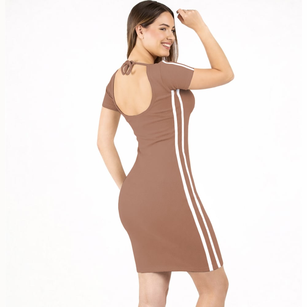 VESTIDO RAYADO MANGA CORTA AMARRE ATRAS RIB GRUESO TIC-16 COLOR COCOA - 2