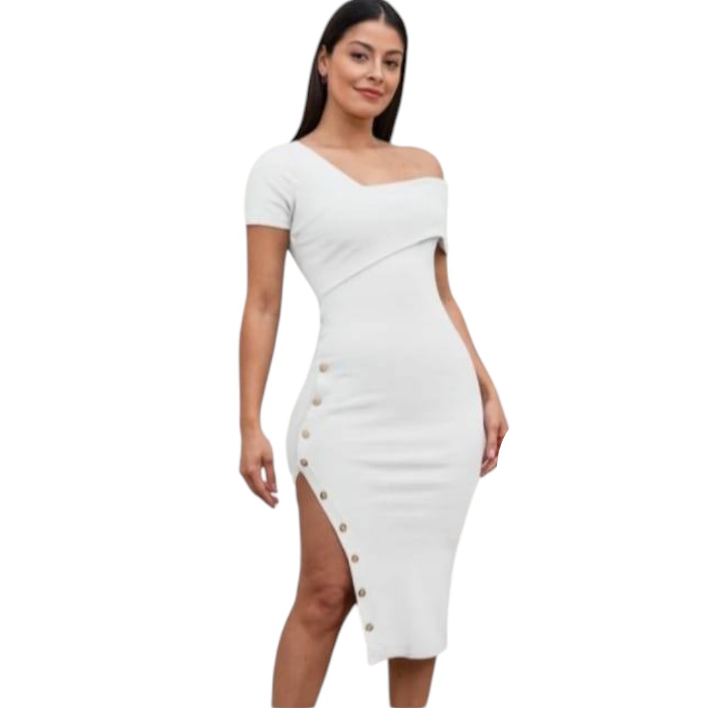 VESTIDO ASIMETRICO RIP GRUESO MANGA CORTA CON BROCHES COL-24 COLOR PERLA - 1