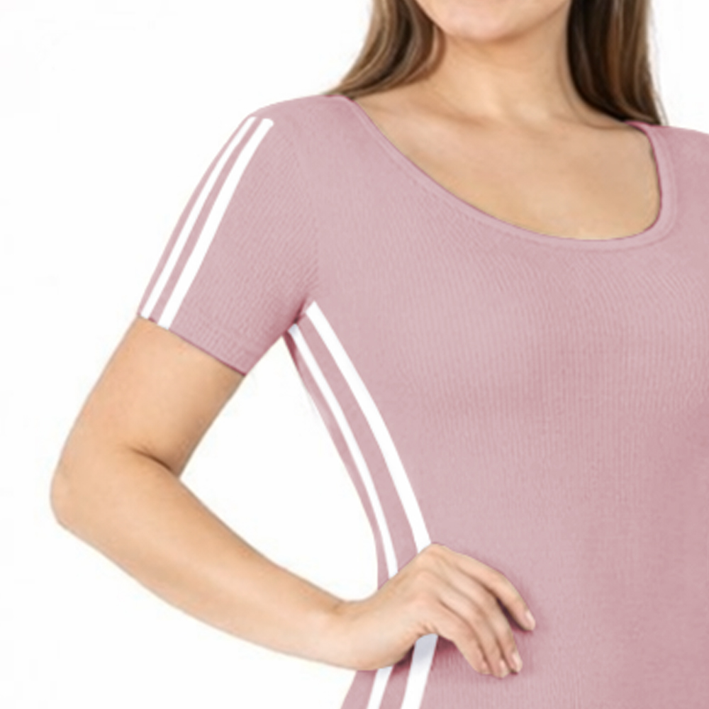 VESTIDO RAYADO MANGA CORTA AMARRE ATRAS RIB GRUESO TIC-16 COLOR PALO ROSA - 3