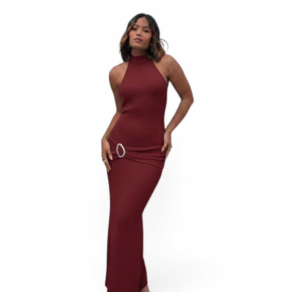 VESTIDO HALTER MAXI HILO COQUETA 463A-33 COLOR VINO - 1
