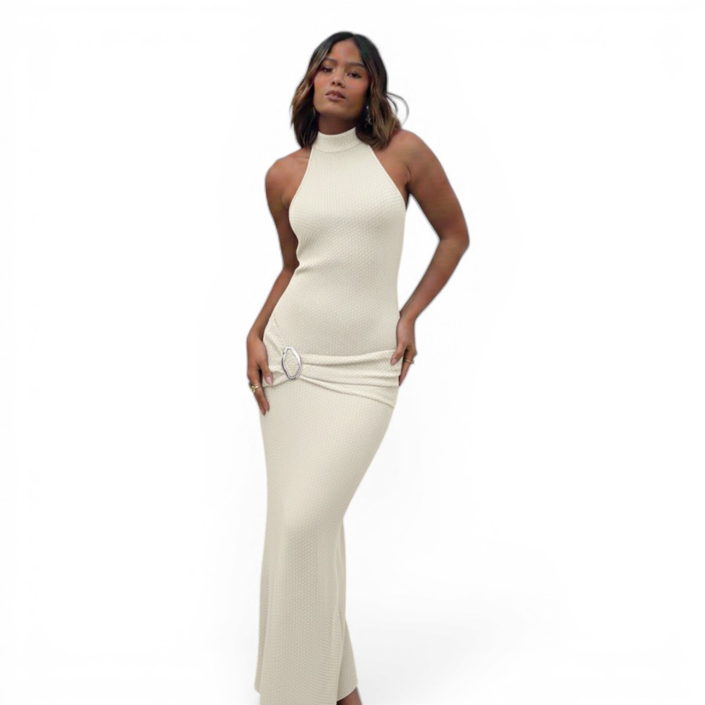 VESTIDO HALTER MAXI HILO COQUETA 463A-33 COLOR PERLA - 1