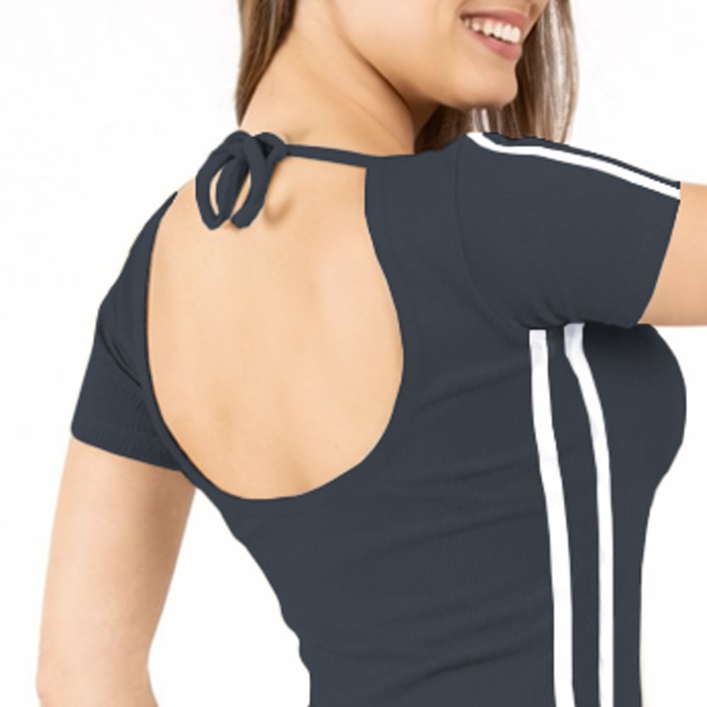 VESTIDO RAYADO MANGA CORTA AMARRE ATRAS RIB GRUESO TIC-16 COLOR PLOMO RATA - 2