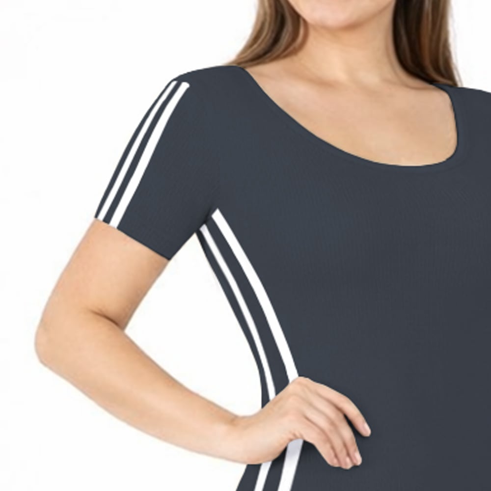 VESTIDO RAYADO MANGA CORTA AMARRE ATRAS RIB GRUESO TIC-16 COLOR PLOMO RATA - 3