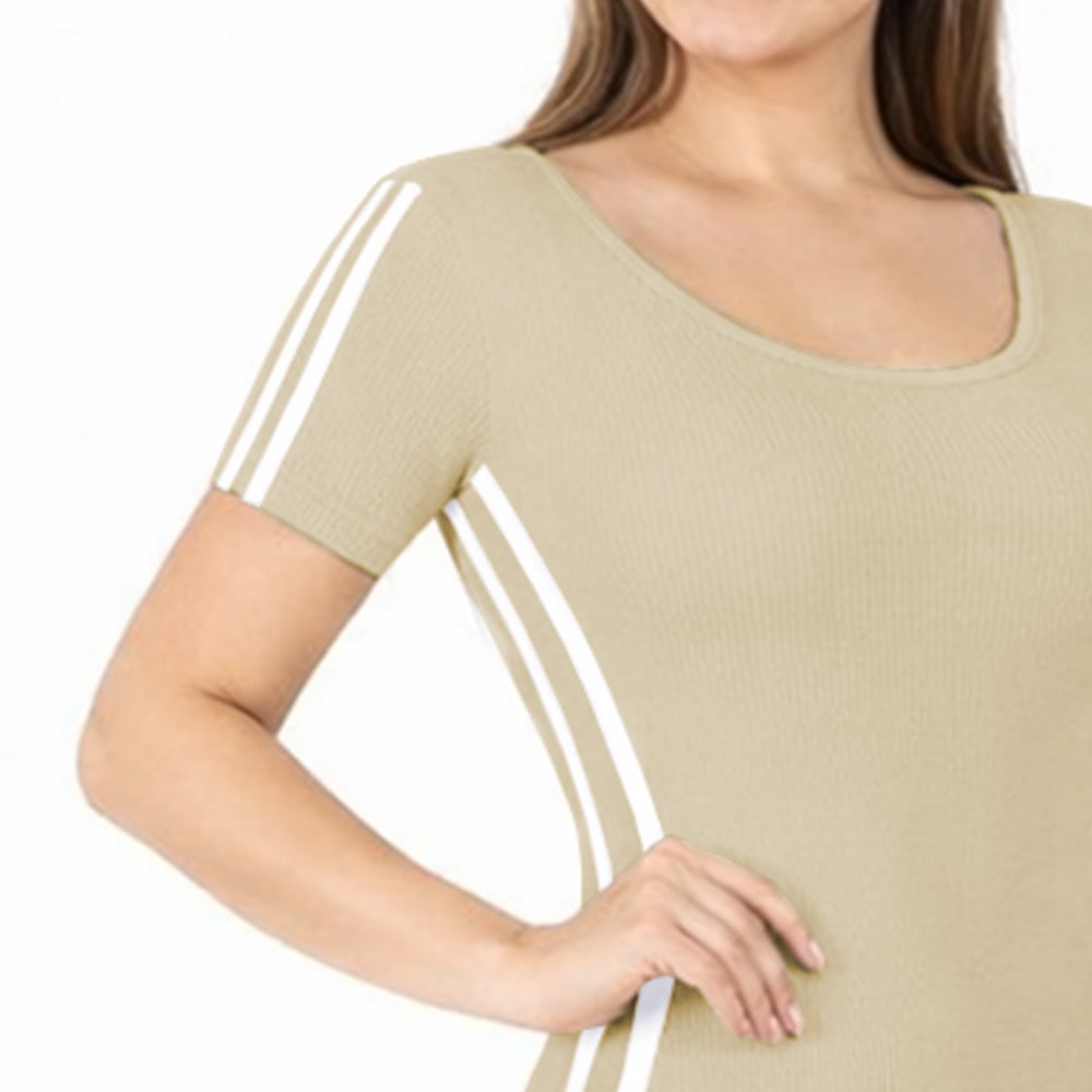 VESTIDO RAYADO MANGA CORTA AMARRE ATRAS RIB GRUESO TIC-16 COLOR BEIGE - 4