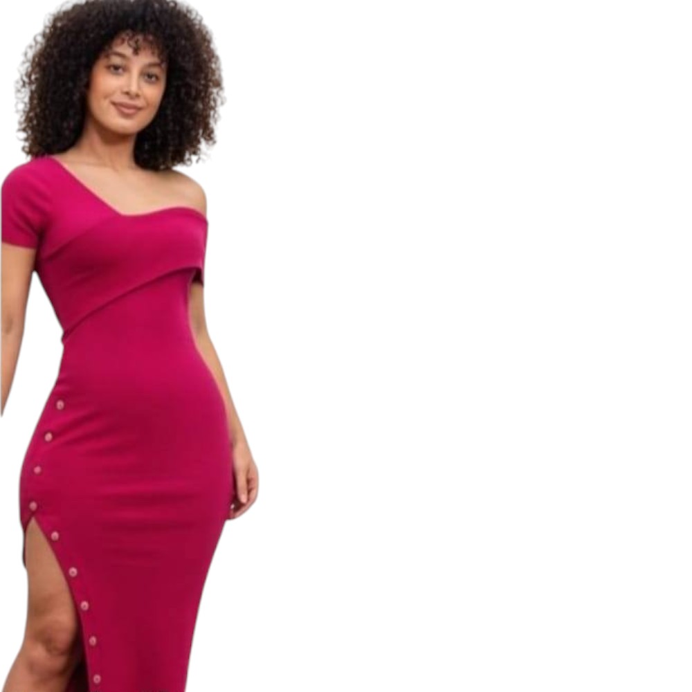 VESTIDO ASIMETRICO RIP GRUESO MANGA CORTA CON BROCHES COL-24 COLOR ROJO - 1
