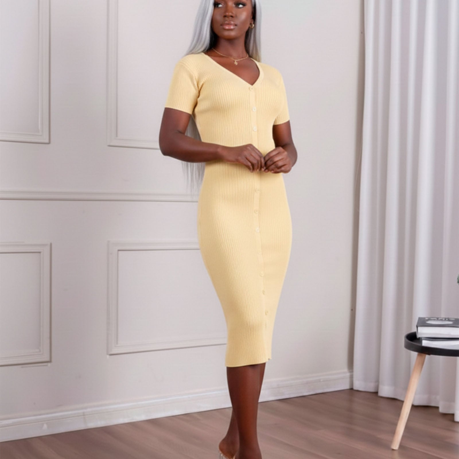 VESTIDO MCORTA HILO BOTONES 359-32 COLOR AMARILLO - 3