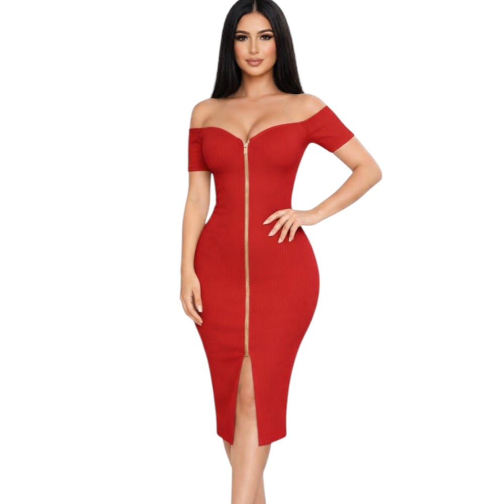 VESTIDO CIERRE MANGA CORTA RIB GRUESO TIC201-20 COLOR ROJO - 1