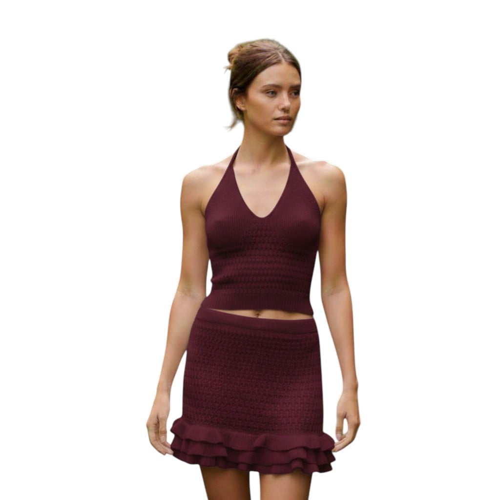 CONJUNTO MUJER TOP HALTER HILO ALGODON 358-26 COLOR VINO - 1