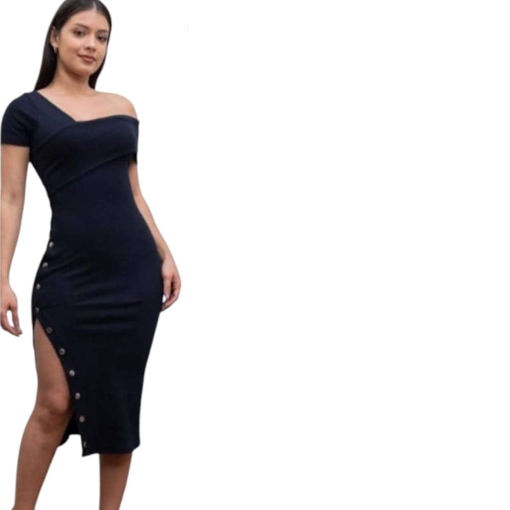VESTIDO ASIMETRICO RIP GRUESO MANGA CORTA CON BROCHES COL-24 COLOR NEGRO - 1