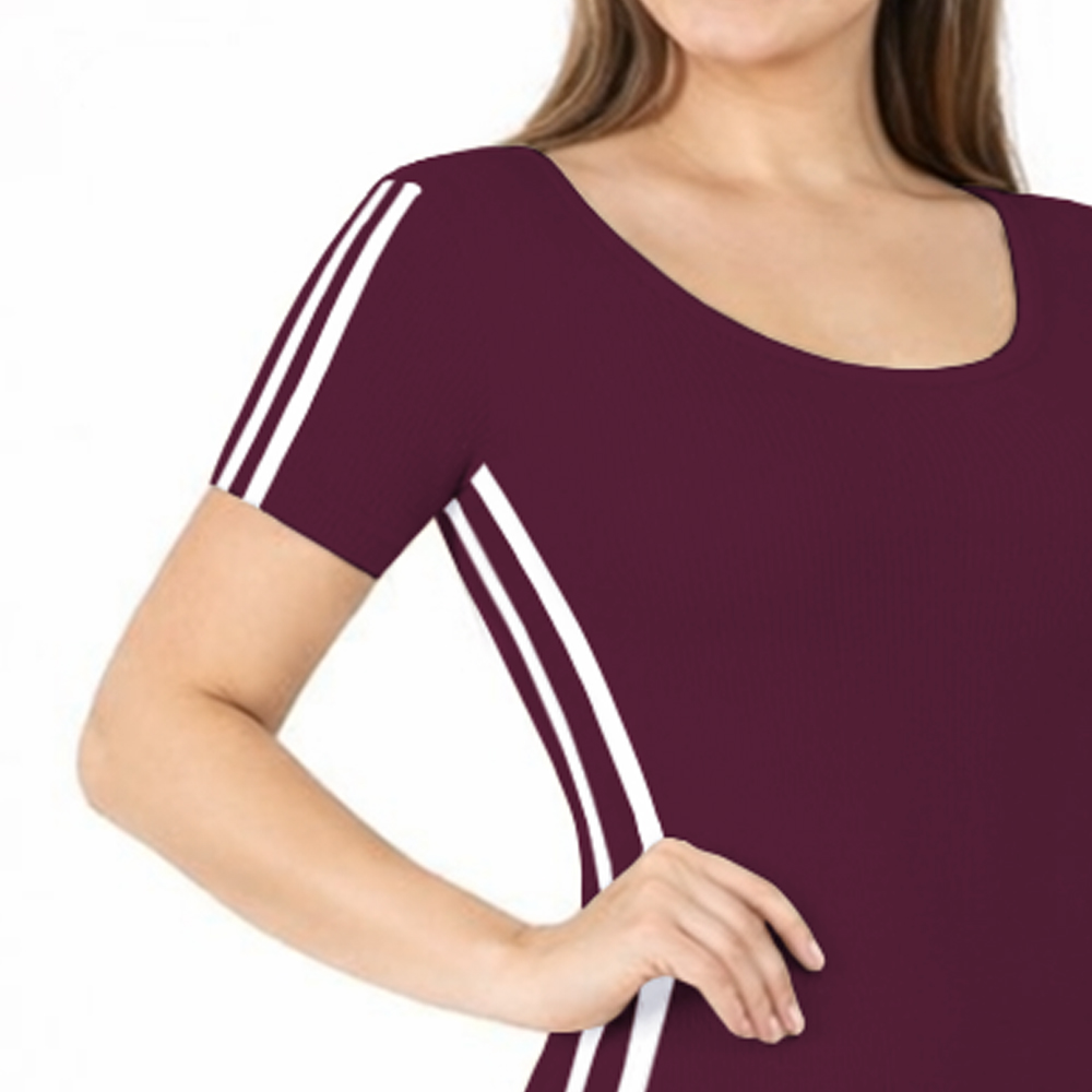 VESTIDO RAYADO MANGA CORTA AMARRE ATRAS RIB GRUESO TIC-16 COLOR BORGOÑA - 2