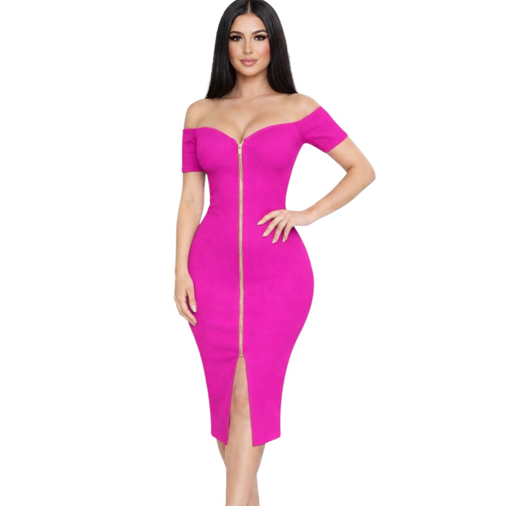 VESTIDO CIERRE MANGA CORTA RIB GRUESO TIC201-20 COLOR FUCSIA - 3
