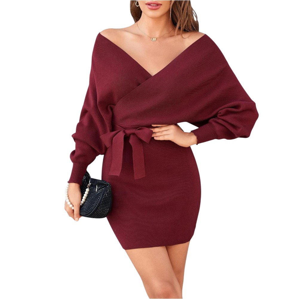 VESTIDO MURCIELAGO FALDA CORTA INCLUYE LAZO TIC-22 COLOR VINO - 1