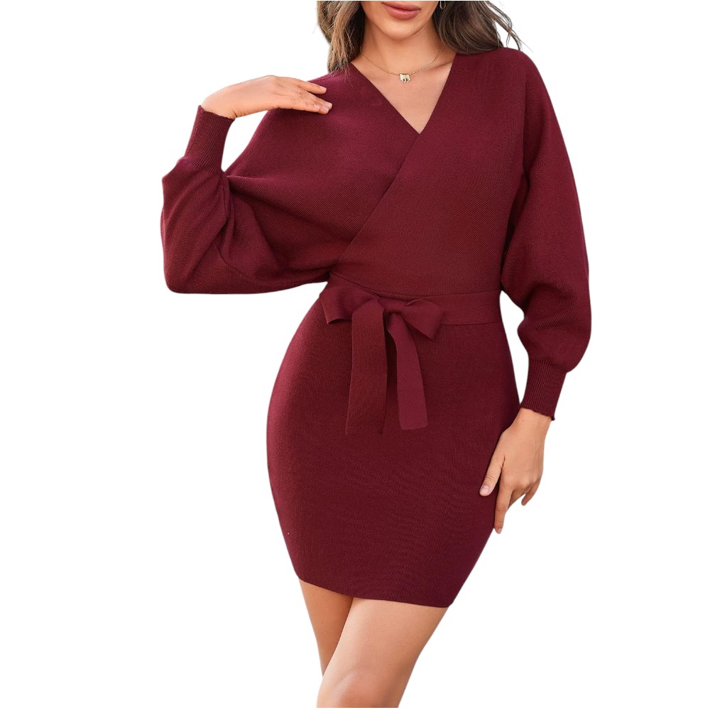 VESTIDO MURCIELAGO FALDA CORTA INCLUYE LAZO TIC-22 COLOR VINO - 2