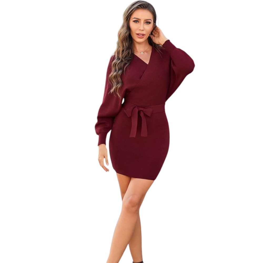 VESTIDO MURCIELAGO FALDA CORTA INCLUYE LAZO TIC-22 COLOR VINO - 4