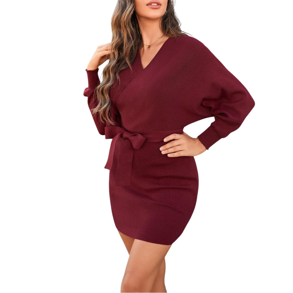 VESTIDO MURCIELAGO FALDA CORTA INCLUYE LAZO TIC-22 COLOR VINO - 5