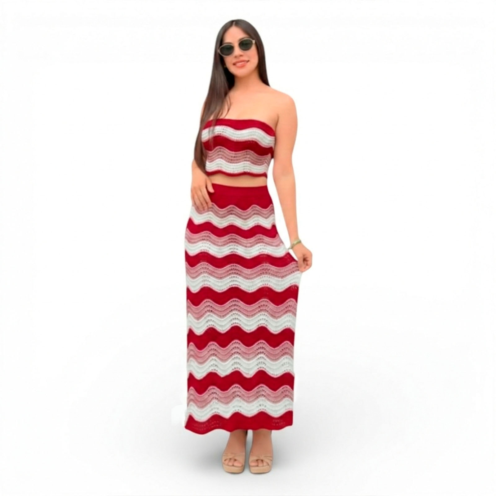 CONJUNTO MUJER HILO TEJIDO BEELA MAXI 463-30 COLOR ROJO - 1