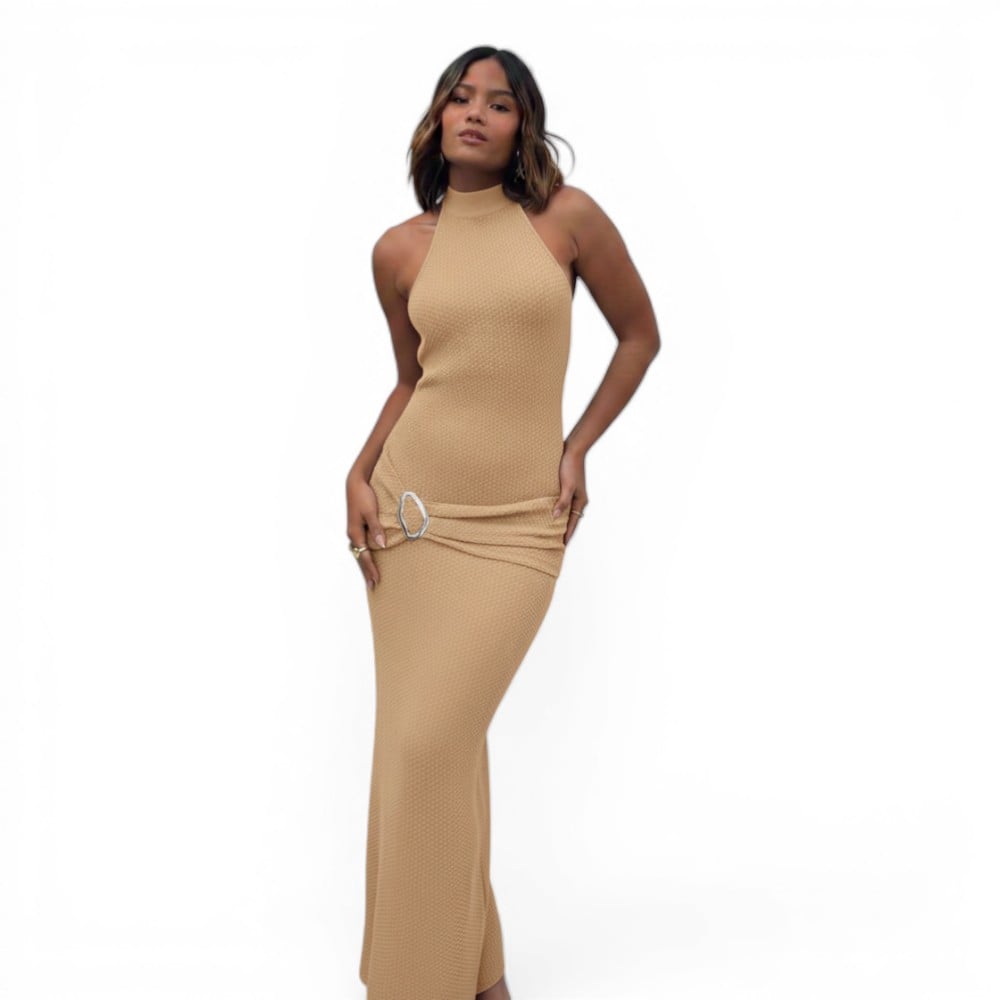 VESTIDO HALTER MAXI HILO COQUETA 463A-33 COLOR BEIGE - 1