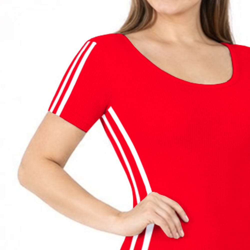 VESTIDO RAYADO MANGA CORTA AMARRE ATRAS RIB GRUESO TIC-16 COLOR ROJO - 4