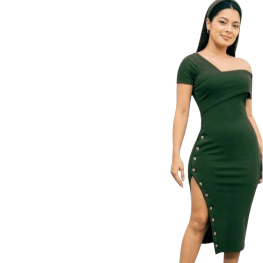VESTIDO ASIMETRICO RIP GRUESO MANGA CORTA CON BROCHES COL-24 COLOR VERDE - 1