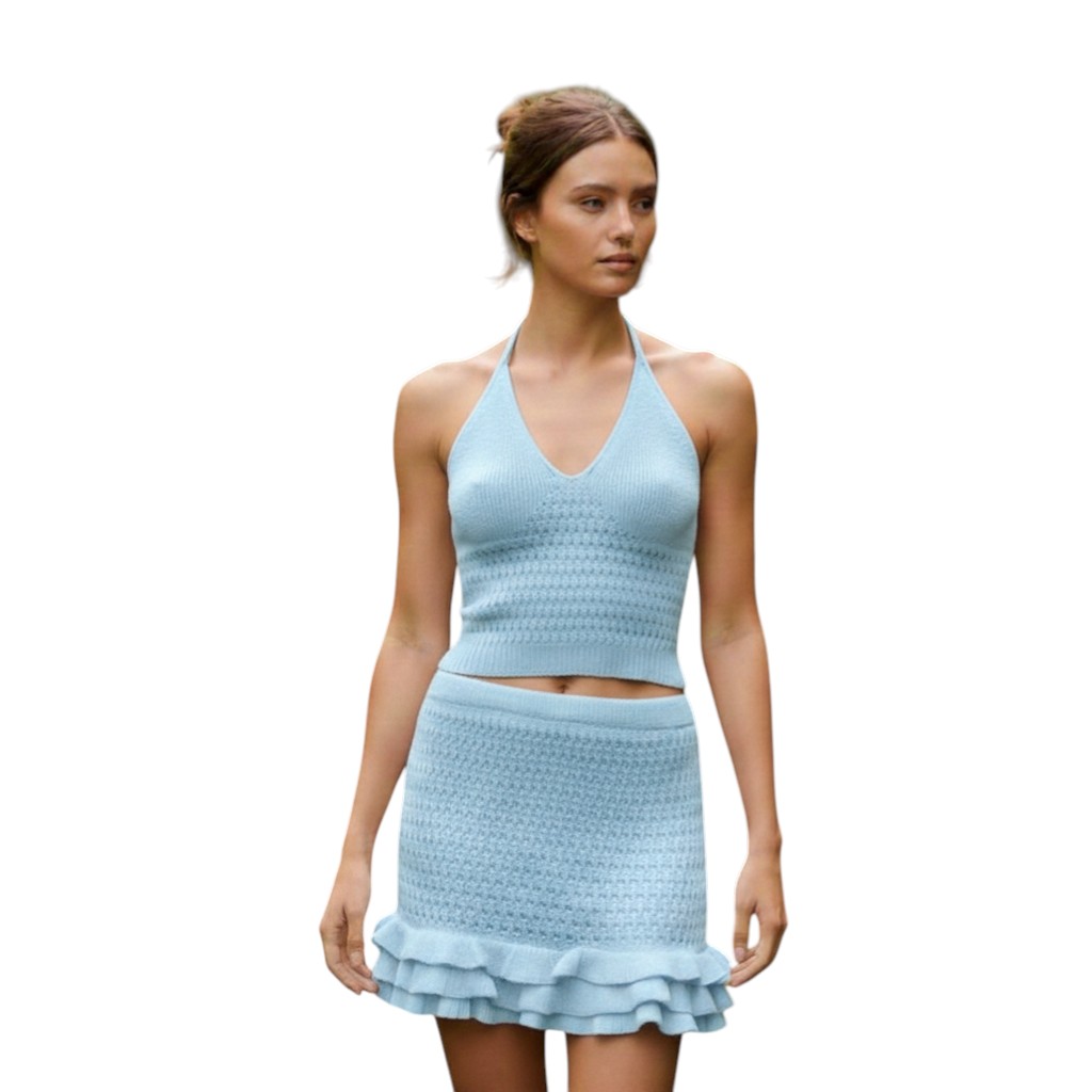 CONJUNTO MUJER TOP HALTER HILO ALGODON 358-26 COLOR CELESTE - 1