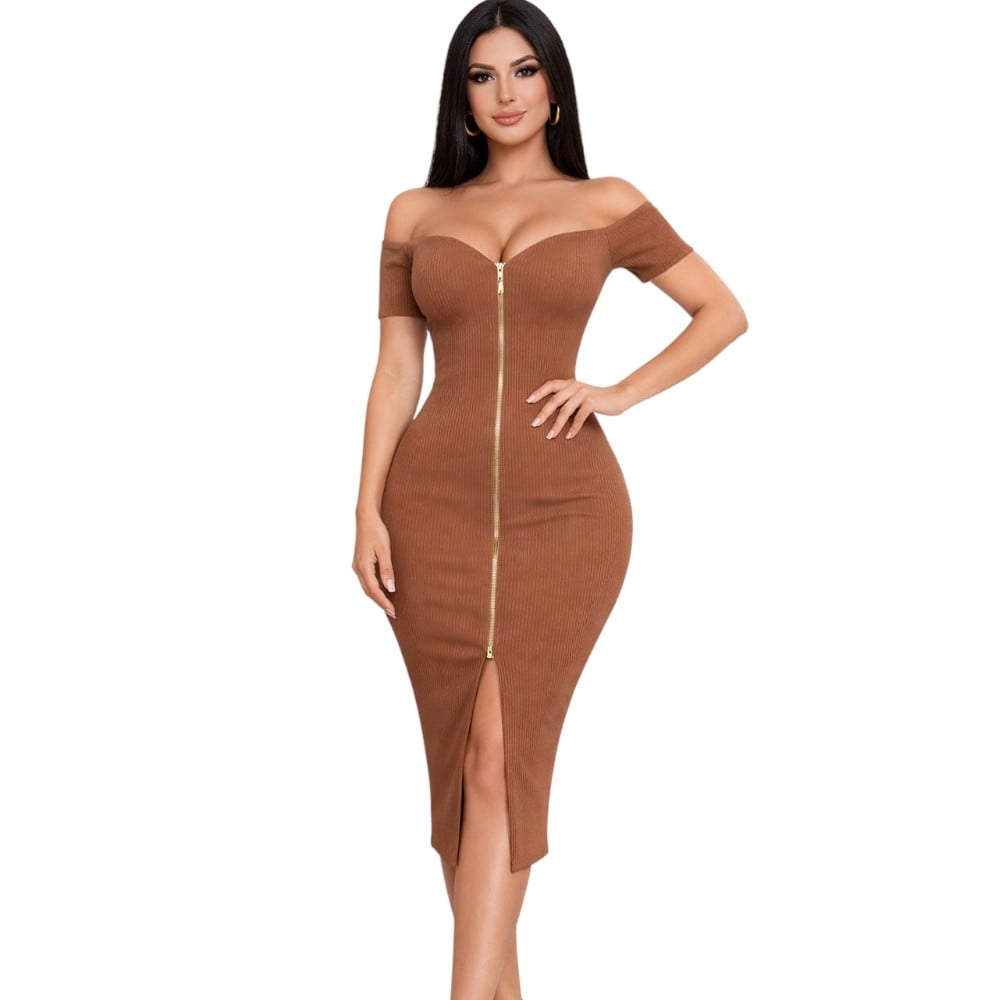 VESTIDO CIERRE MANGA CORTA RIB GRUESO TIC201-20 COLOR COCOA - 2