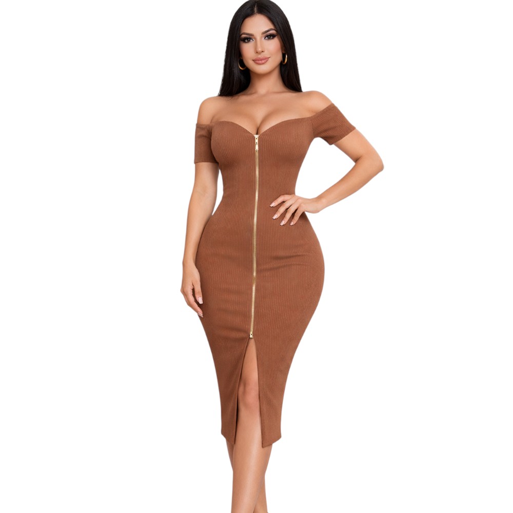 VESTIDO CIERRE MANGA CORTA RIB GRUESO TIC201-20 COLOR COCOA - 2