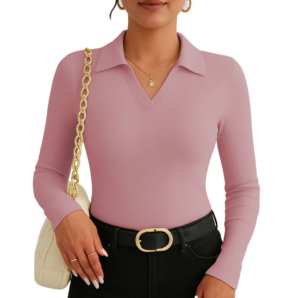 POLO MUJER CAMISERO MANGA LARGA ACA 716 FAB-19 RIB GRUESO COLOR PALO ROSA - 1