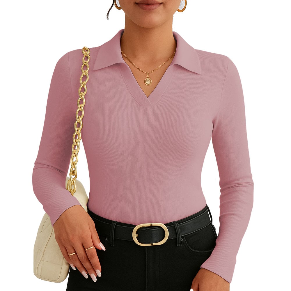 POLO MUJER CAMISERO MANGA LARGA ACA 716 FAB-19 RIB GRUESO COLOR PALO ROSA - 1